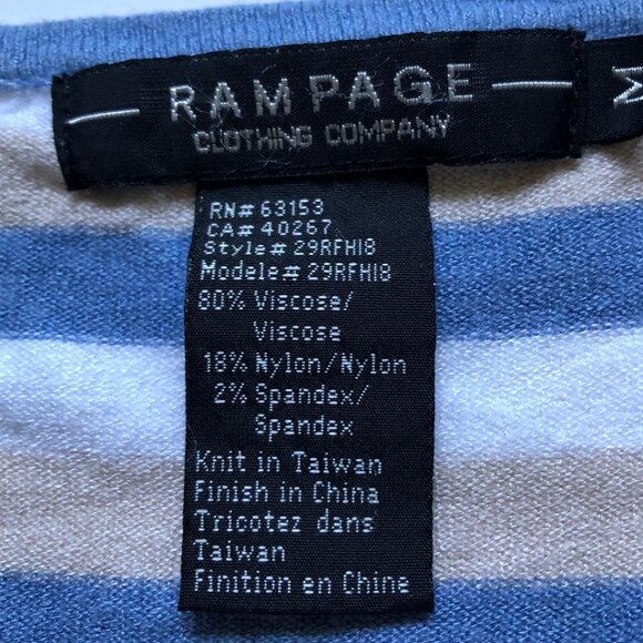 Rampage, Blue, White & Tan Stripe, stretchy, short/cap sleeve top, Size Medium - Picture 3 of 5